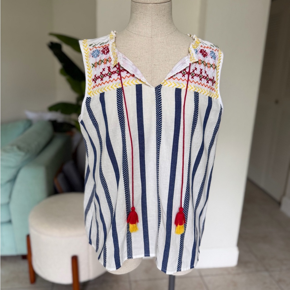 Rocks & Indigo Sleeveless Embroidered Stripe Sleeveless Blouse